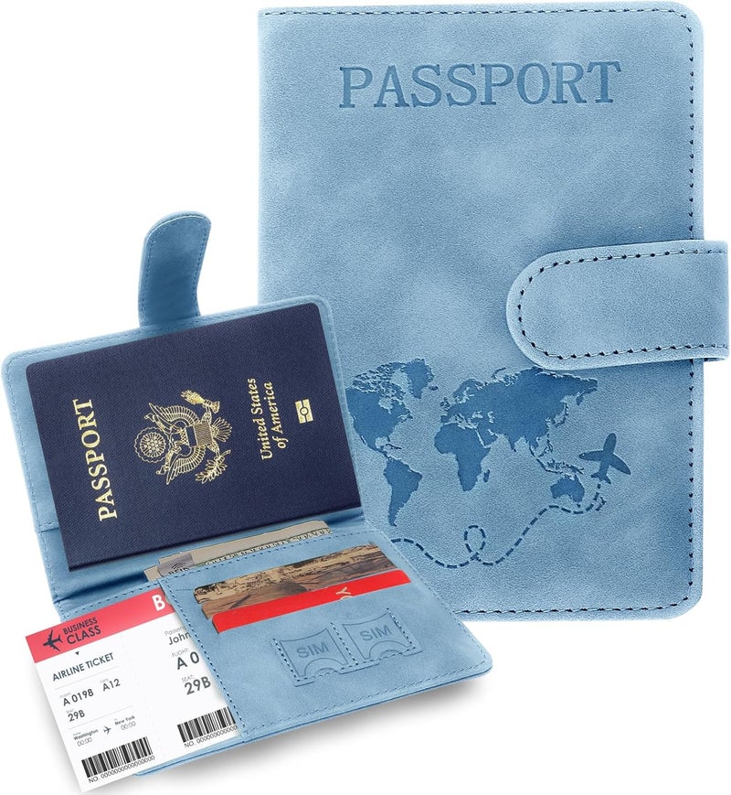 Sovirose Passport Holders, RFID Blocking Credit Card Holder, PU Leather Vaccine Card Holders for Travel with Magnetic Buckle, Travel Must Haves Cruise Ship Essentials for Men, Women (Blue) - Image 1